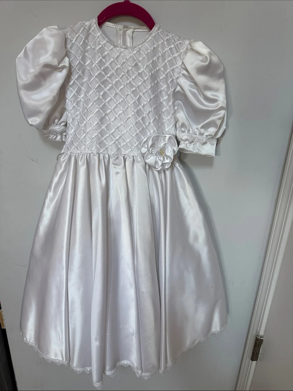 Ivory Satin Girls' Party Dress with Puff Sleeves